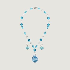 Artisan Aqua Blue Lampwork Glass Necklace Earrings Set Coastal Murano Style